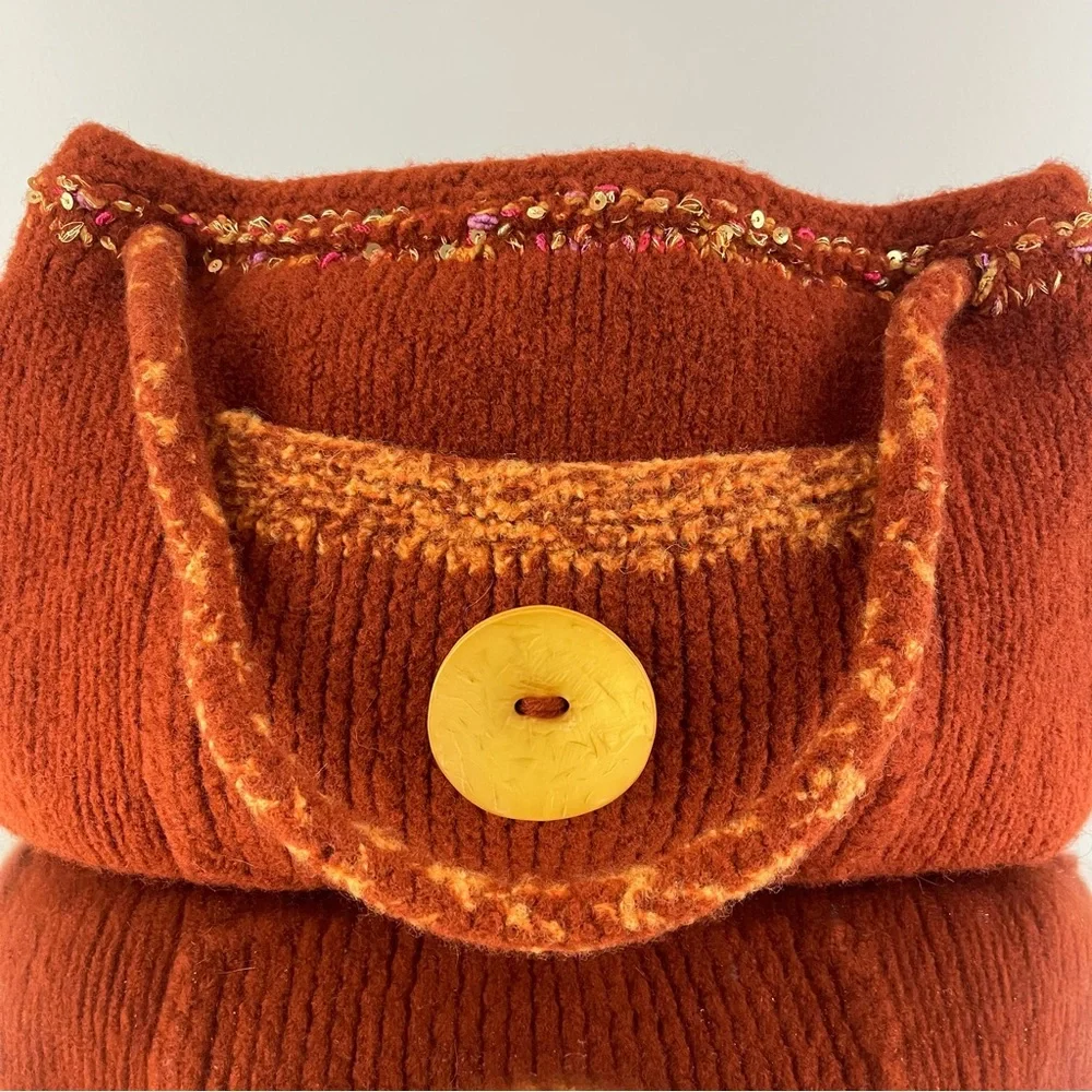 90s Burnt Orange Handmade Sequin Knit Felted Wool Slouchy Hobo Shoulder Bag Tote